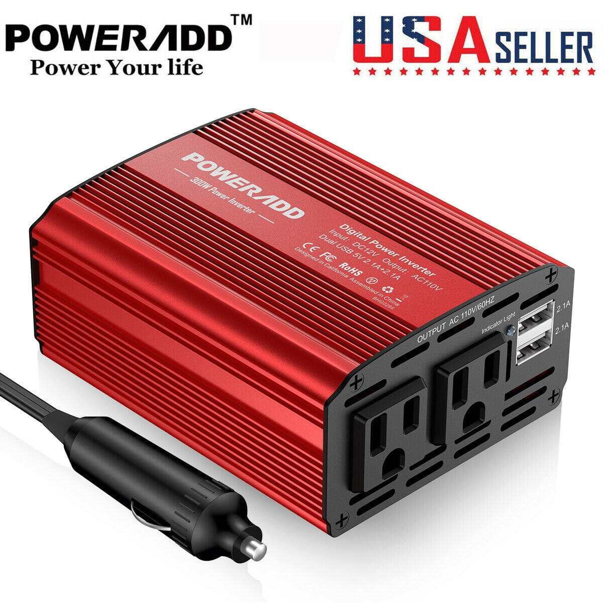 300W Dual DC 12V to 110V AC Outlets Power Inverter Dual USB Ports Car