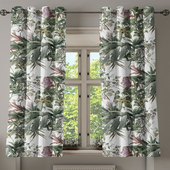 Ambesonne Vintage Grommet Curtain, Retro Bloom Exotic Leaves, 50"x60", Reseda Green and Rose
