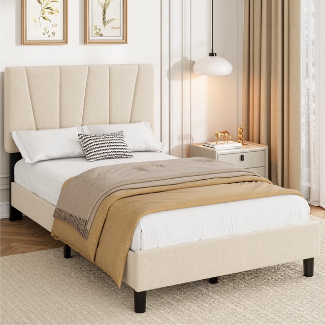 Yeshouse estructura de cama tipo plataforma tapizada en lino con cabecero ajustable y capitoné geométrico, para colchones de 8" a 14", listones de madera, silenciosa, no requiere somier