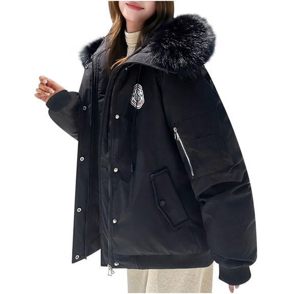 Women Winter Quilted Down Puffer Coat Plus Size Warm Zip Up Long Sleeve Thicken Parka Outerwear with Fur Hood