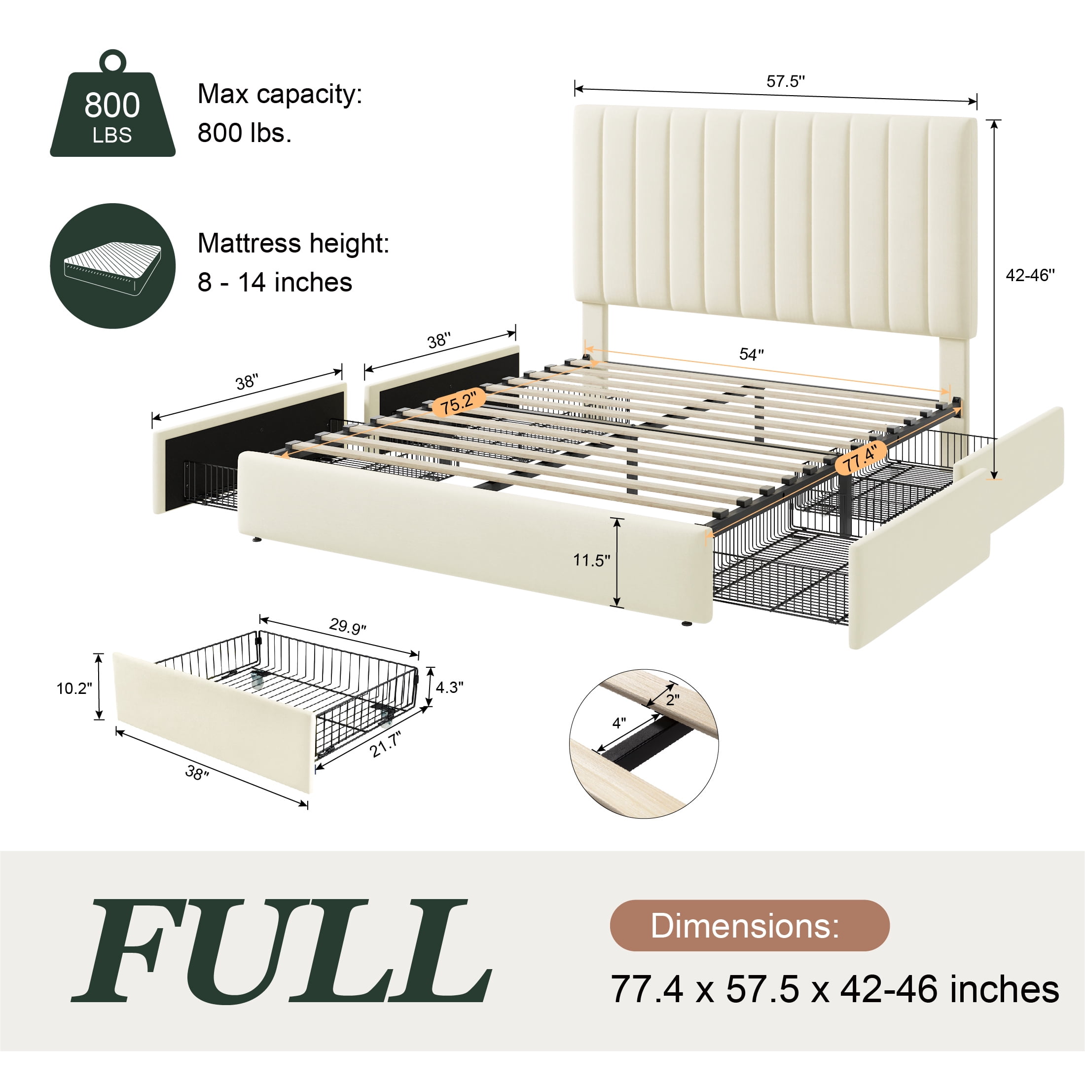 Amolife Full Size Bed Frame, Platform Bed with Adjustable Velvet-Wrapped Headboard and 4 Storage Drawers, No Box Spring Required, Cream White