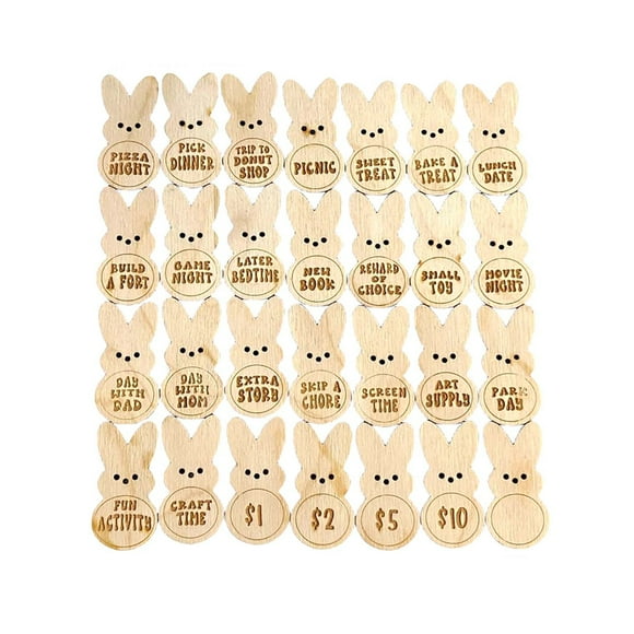 A Bunny Shaped Wooden Tokens For Easter Event Party Rewards And Spring Celebrations Set Of Twenty-Eight Pieces With Display