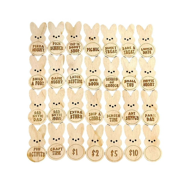 SLYNSHome 28 Pcs Remplissages d'Oeufs de Pâques Cadeaux de Fête Jetons d'Oeufs de Pâques en Bois Lapin Bunny Cadeaux pour Paniers de Pâques Jetons de Récompense de Pâques Activité de Pâques