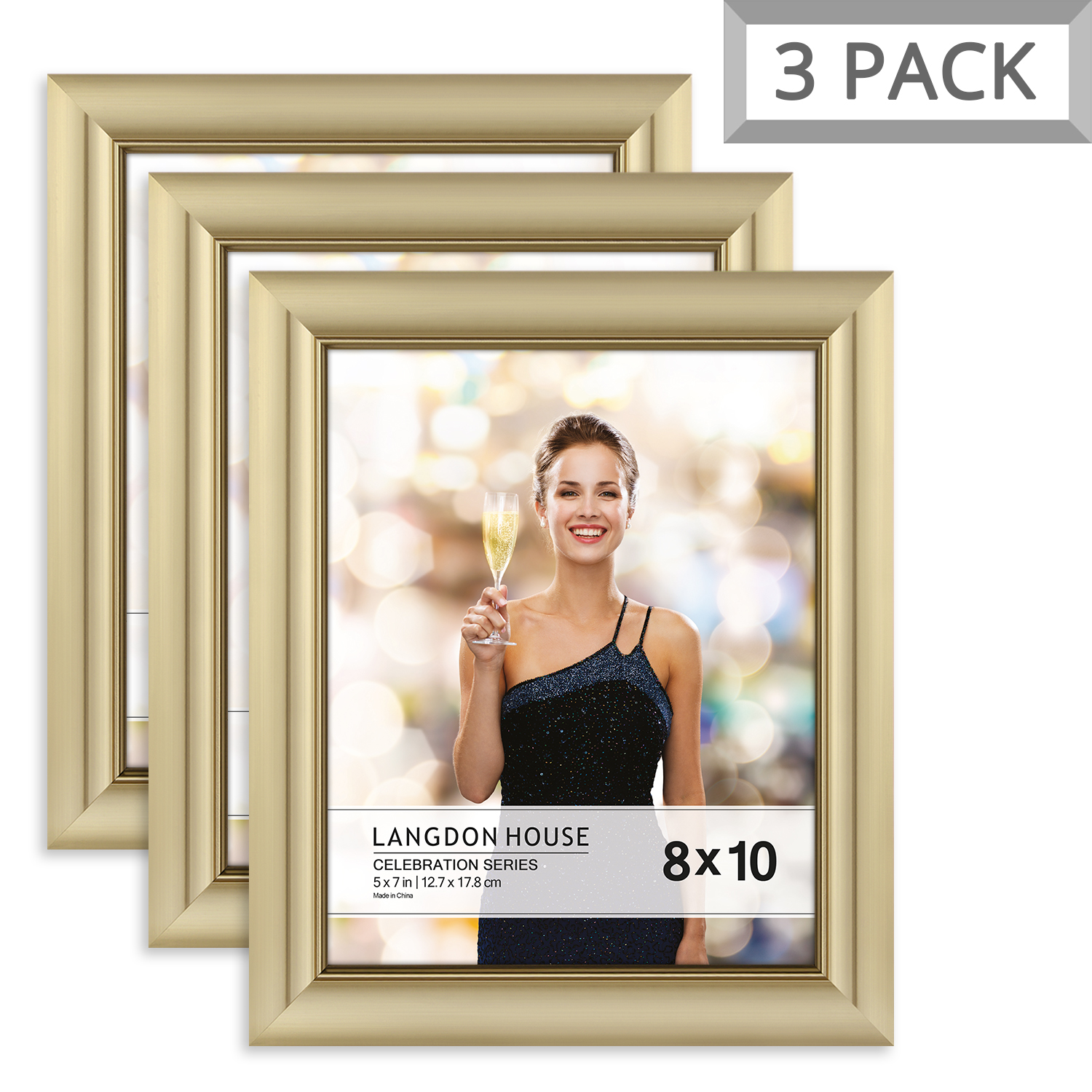 Langdon House 8x10 Gold Picture Frame, Glam Style, 3 Pack, Celebration