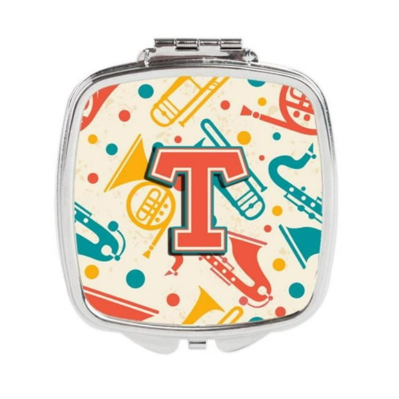Carolines Treasures  Letter T Retro Teal Orange Musical Instruments Initial Compact Mirror