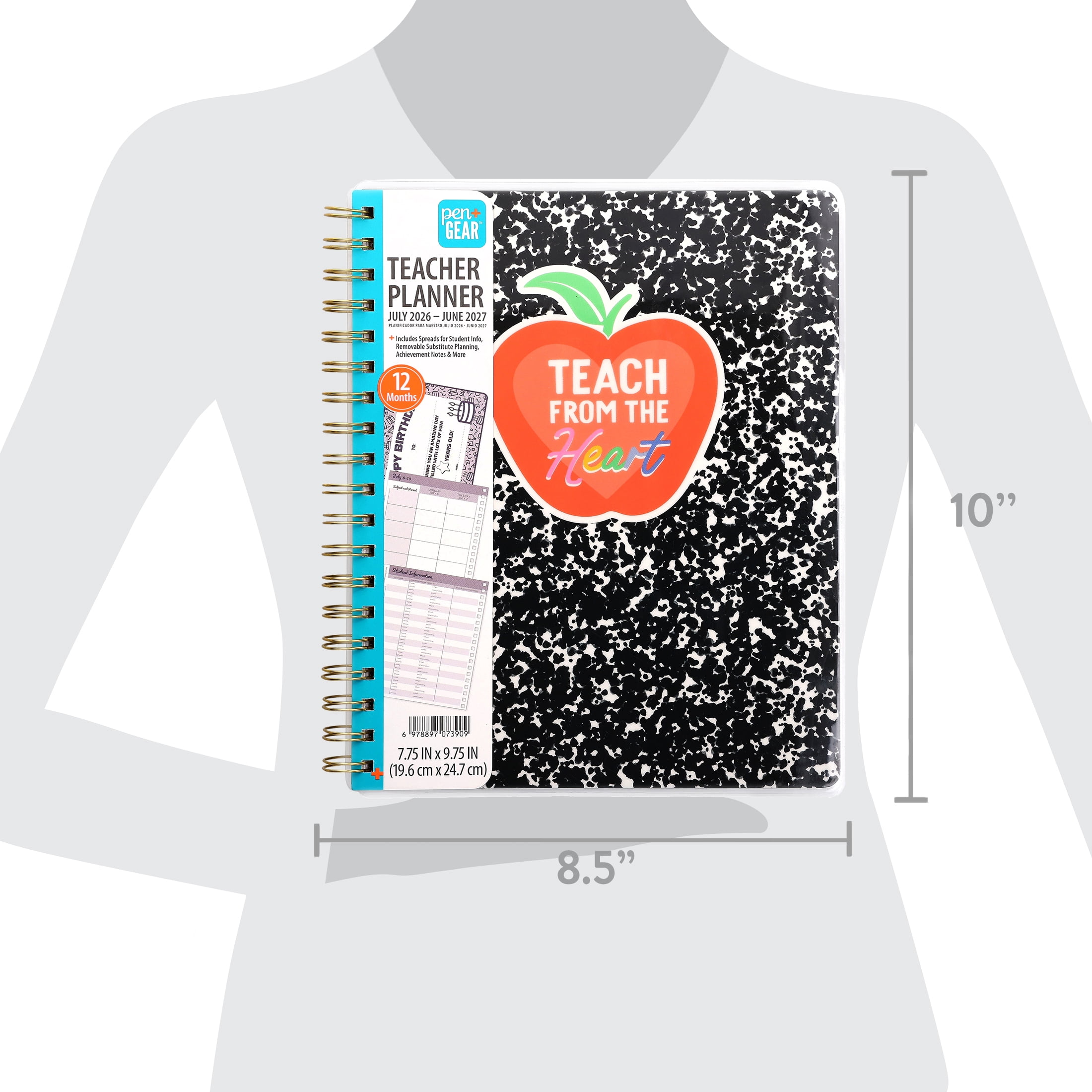 Pen+Gear 12-Month Monthly Teacher Planner, July 2026-June 2027, Teach from the Heart, 7.75" x 9.75"