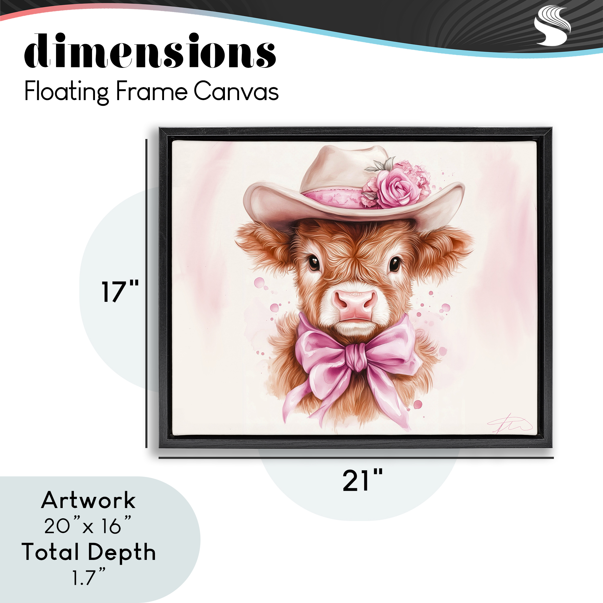 Pretty In Pink Cow Black Framed Floater Canvas Wall Art, design by Shawna Stewart