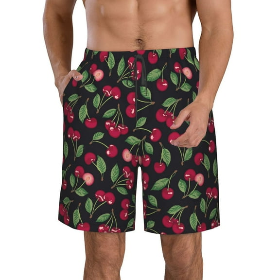 Tebeau Ripe Red Cherry Print Men's Summer Beach Shorts Lightweight Elastic Waist Drawstring Casual Shorts with Pocket-Small