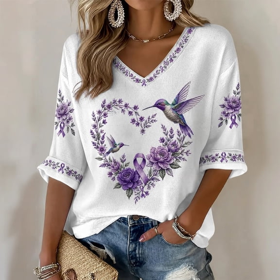 3/4 Sleeve Tops for Women Vintage Hummingbird Purple Ribbon Graphic Top Floral Printed V Neck Loose Fit Casual Support Tee Tops