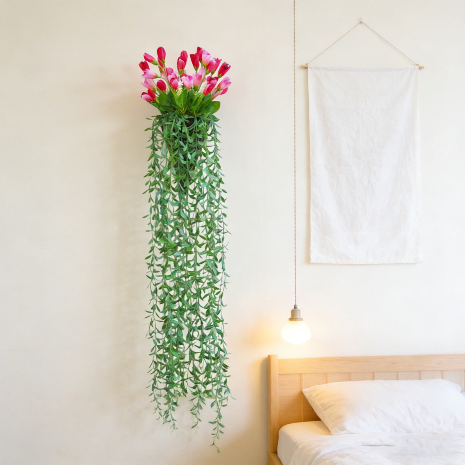 Votnto 9.84×39.37IN Artificial Tulip Hanging Planter, Faux Green Weeping Vine with Tulip Blooms for Wedding Wall Home Decor