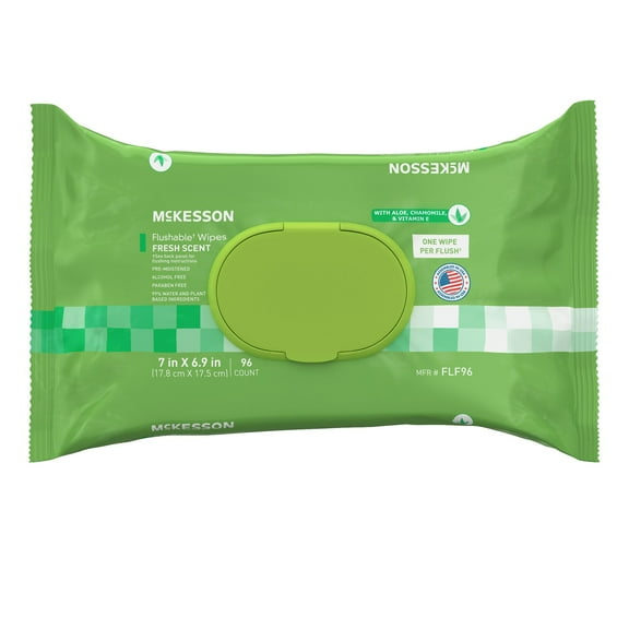 McKesson Flushable* Wet Wipes - Aloe & Vitamin E Formula, Gentle on Skin, Plant-Based Adult Cleansing Wipes - Scented, 96 Wipes, 6 Packs, 576 Total