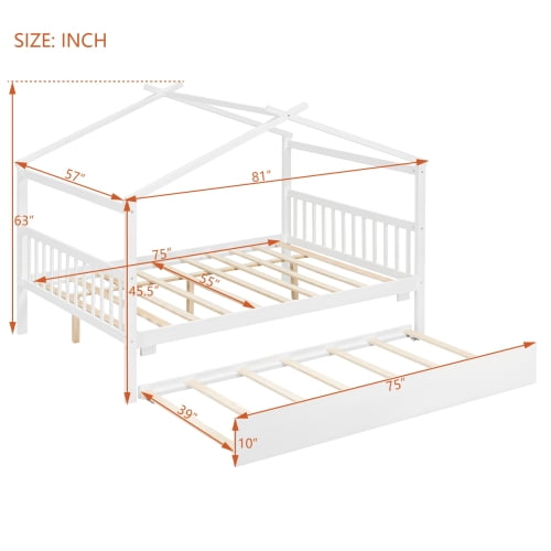 Bellemave Full Size House Bed with Trundle, Wood Platform Bed Frame with House Shape Roof for Teens (White)