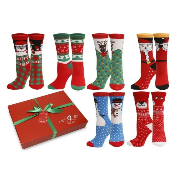 GILBIN'S Women Christmas Holiday Design Crew Casual Socks 6 Pairs, Gift Box Packaged With Gift Card (Size 9-11)