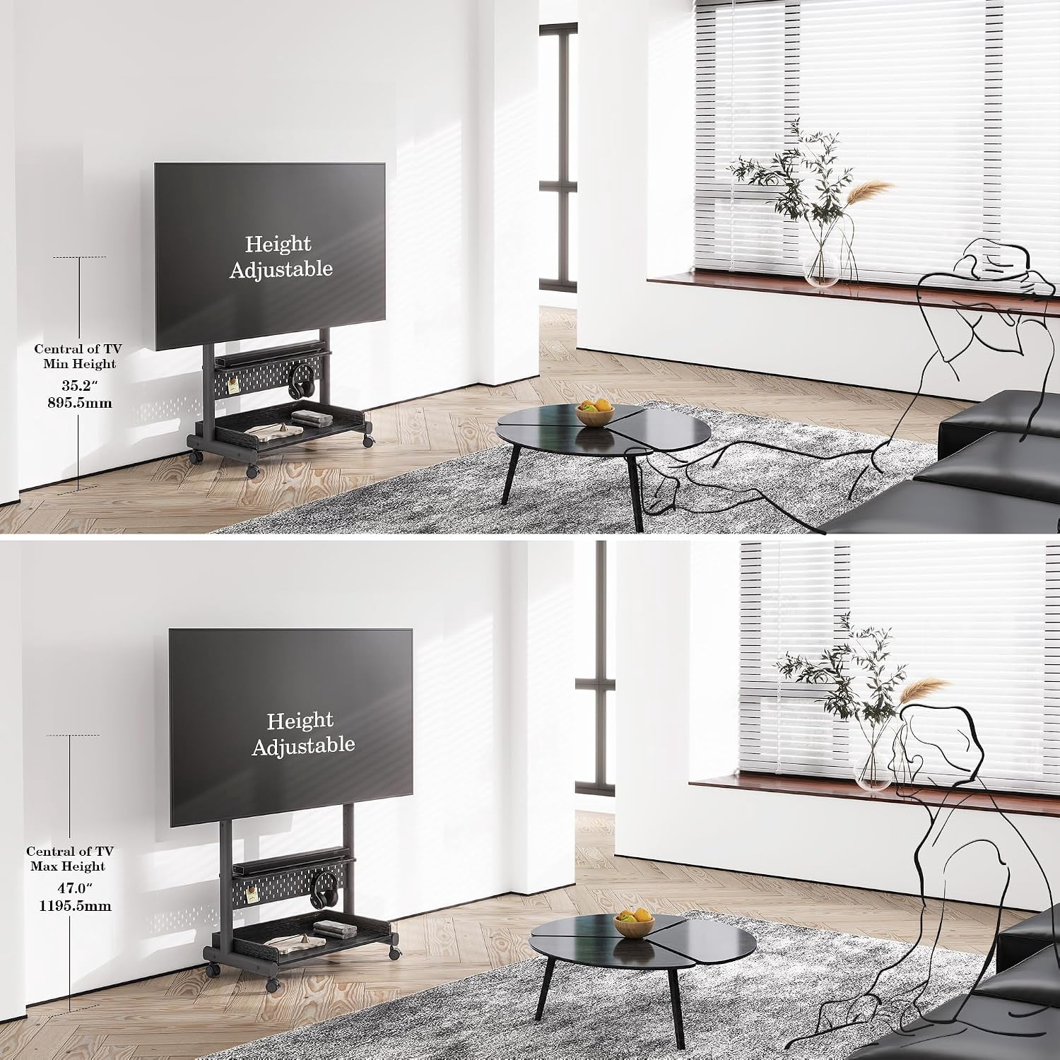 FITUEYES Rolling TV Stand for 40–85 Inch TVs, Black, Wood Shelf & Pegboard