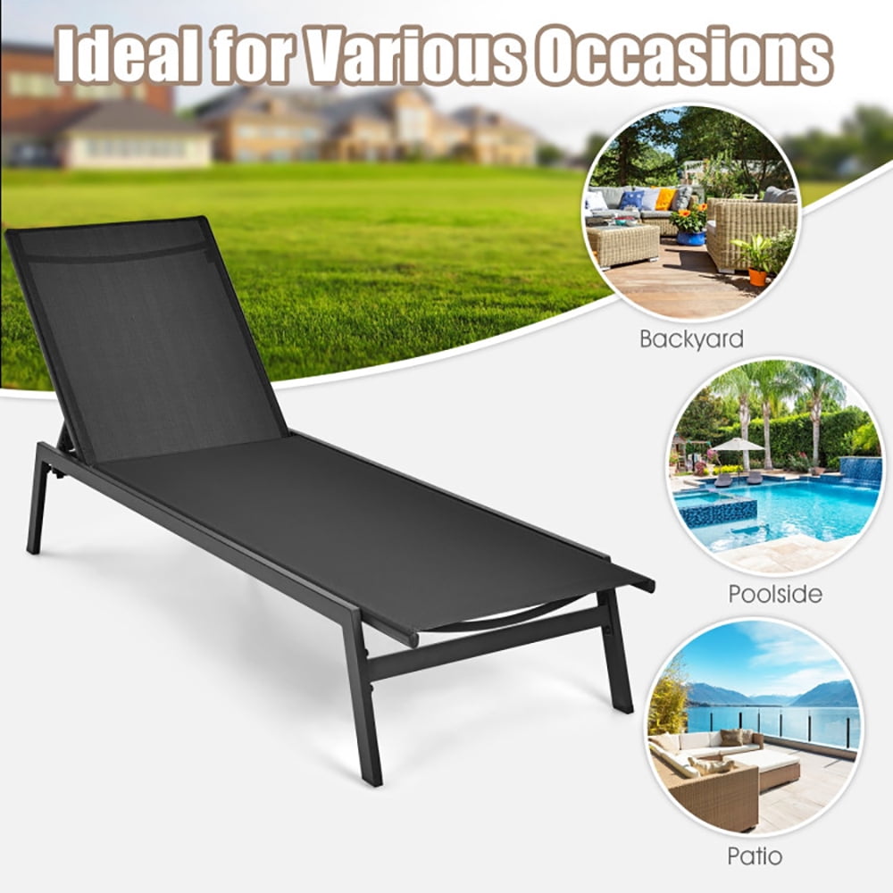 Aimee Lii Outdoor Reclining Chaise Lounge Chair with 6-Position Adjustable Back, Patio Loungers, Black
