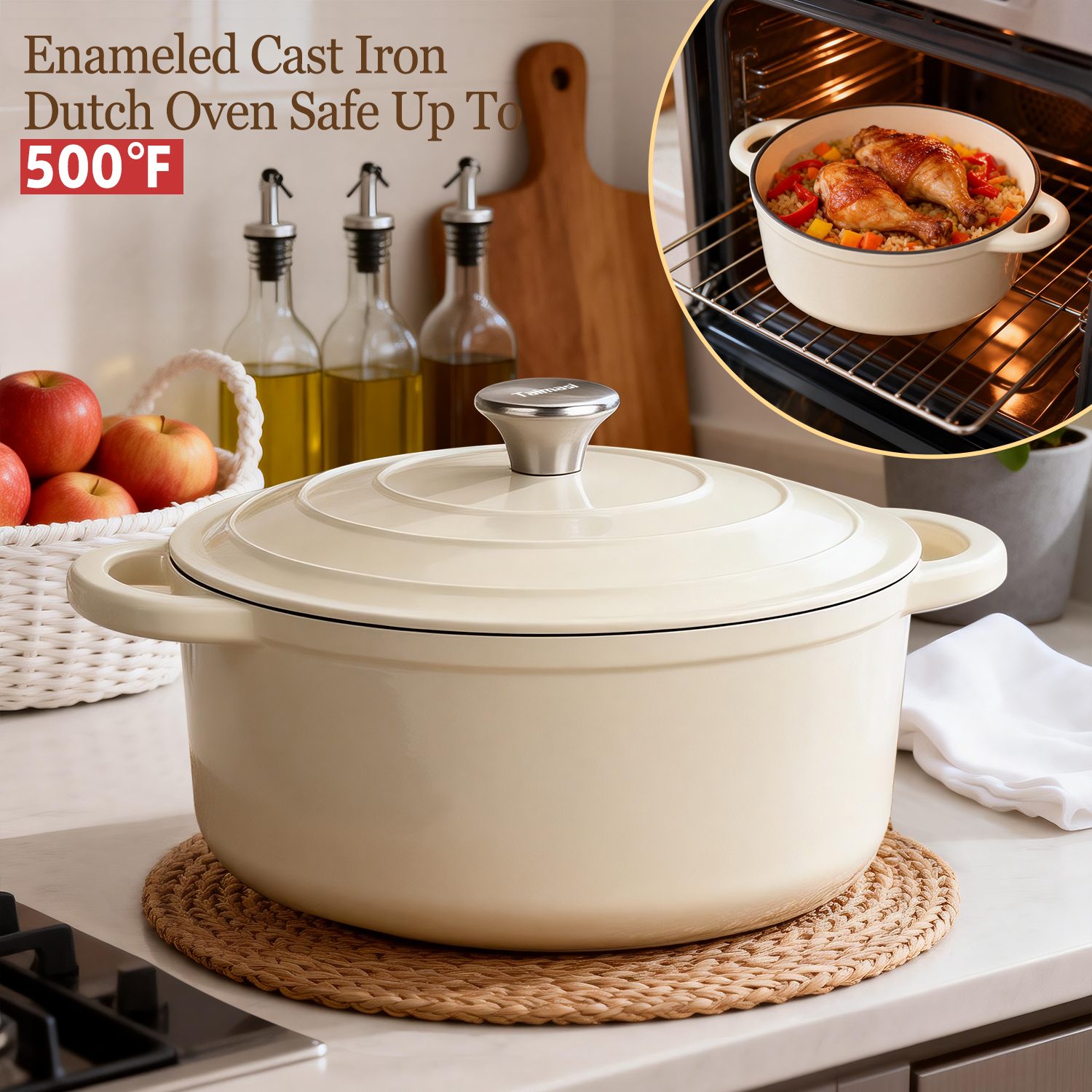 TAIMASI Enameled Cast Iron Dutch Oven, 5.5-Qt with Lid, Cream White photo 2