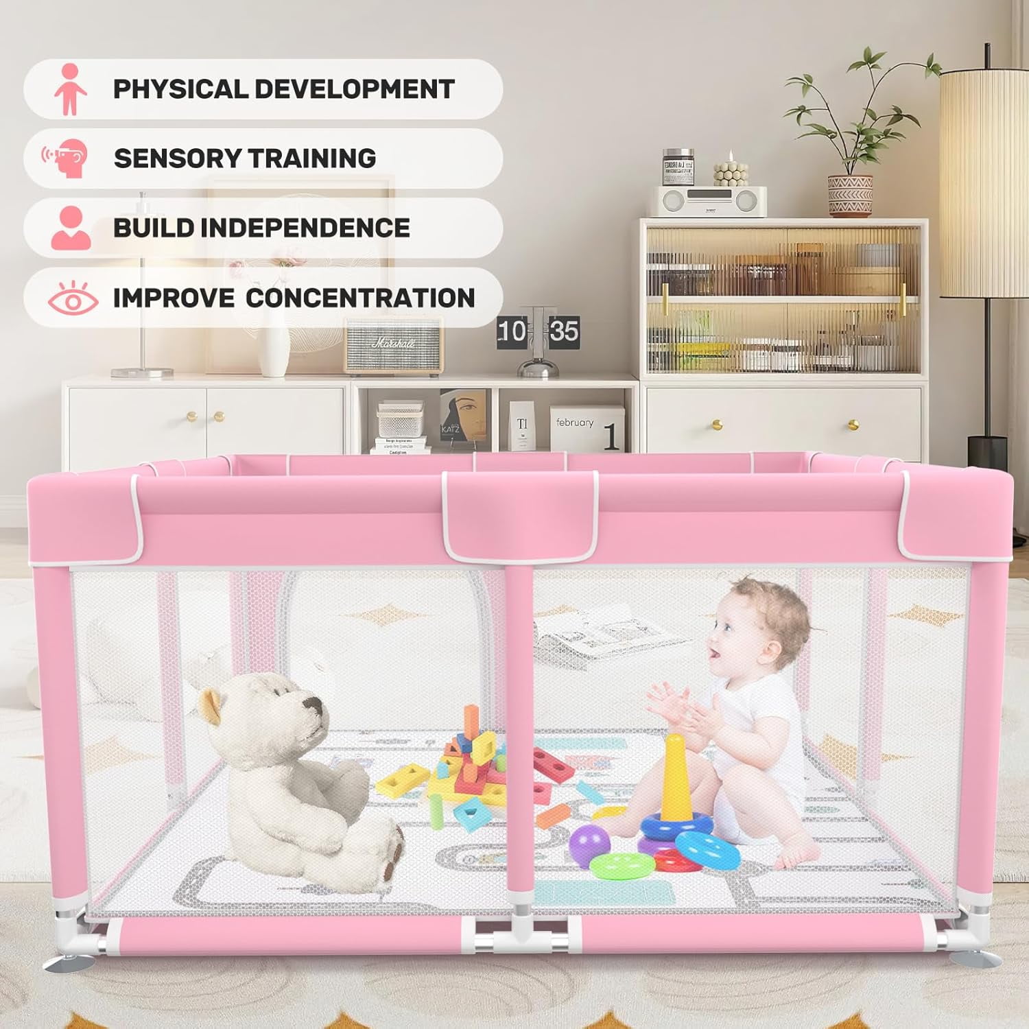 kmaier Baby Playpen, Large Indoor and Outdoor Play Yards, 360° Visibility , for Toddler-Pink