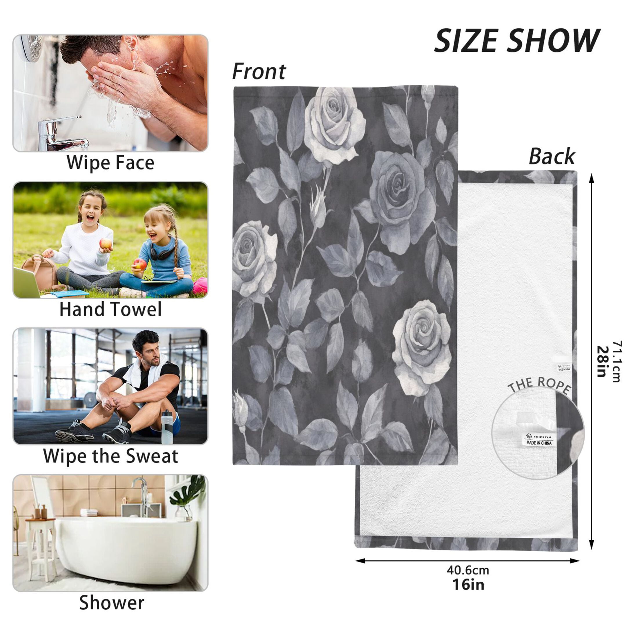 Cotton Towel Two-Piece 16x28 Inch One Sizex2 Face Towel Set Towel Set Cotton Hand Bath Towel Bathroom Beach Black Flowers Seamless
