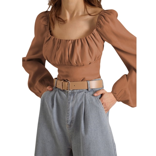 VISgogo Blusas cortas con busto fruncido para mujer, manga larga de farol, cuello cuadrado, camisetas ajustadas VISgogo moda