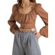 thumbnail image 1 of Sunloudy Blusas cortas con busto fruncido para mujer, manga larga de farol, cuello cuadrado, camisetas ajustadas Sunloudy  S M L XL, 1 of 9