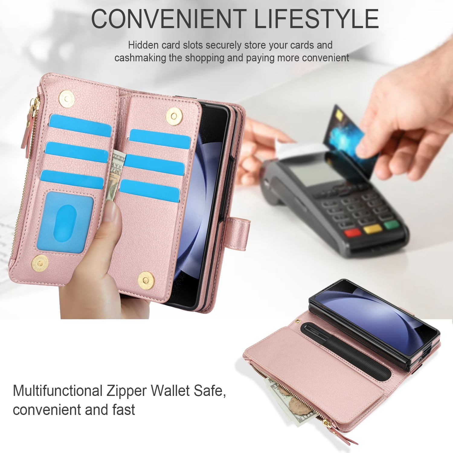 Allytechgroup for Samsung Galaxy Z Fold 7 Case Wallet, 7 Cards Slots Cash Zipper Pocket S Pen Holder Hand Strap Wrist Flip Cover Protective Phone Case for Samsung Galaxy Z Fold 7,Rosegold