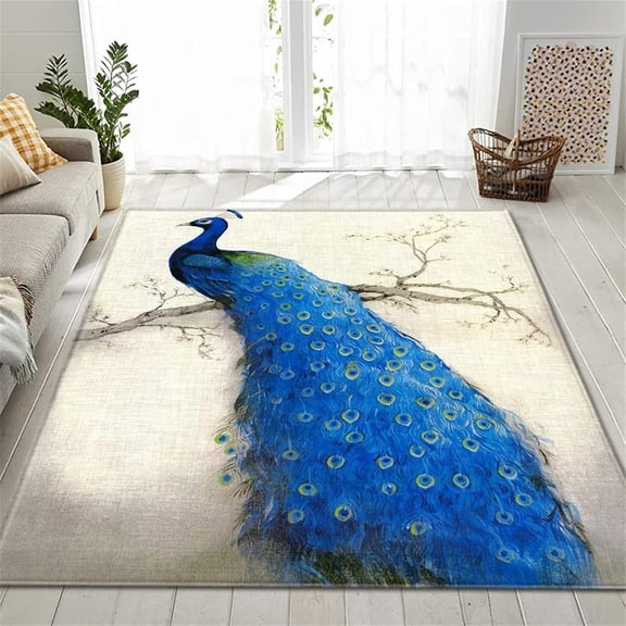 Ink Blue Peacock Branch Area Rug White Magnolia Flower Print Large Rugs Indoor Non Slip Machine Washable Breathable Durable Carpet Front Entrance Floor Decor 2x3 Small Non-slip Soft
