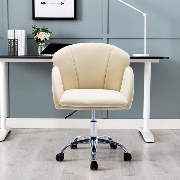 Ivory Velvet Office Chair on Wheels, Modern Home Ergonomic Chair Desk