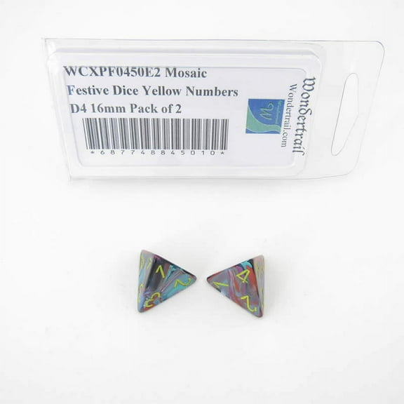 Mosaic Festive Dice with Yellow Numbers D4 Aprox 16mm (5/8in) Pack of 2 Wondertrail
