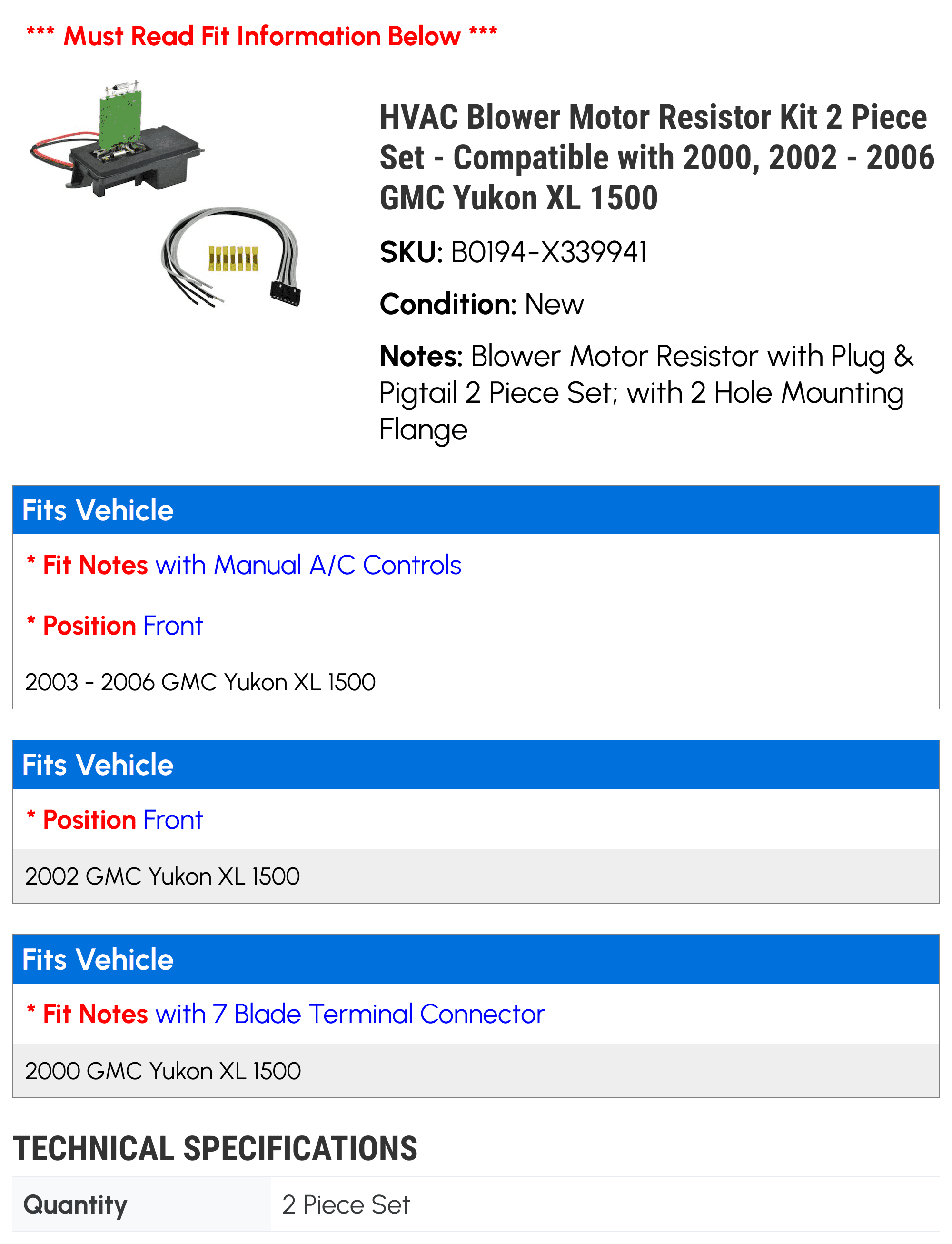 HVAC Blower Motor Resistor Kit 2 Piece Set - Compatible with 2007 Chevy Silverado 2500 HD Classic