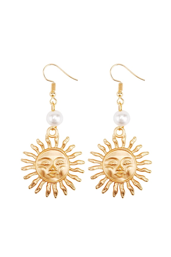 Women Sun Smiling Face Pearl Drop Dangle Hook Earrings
