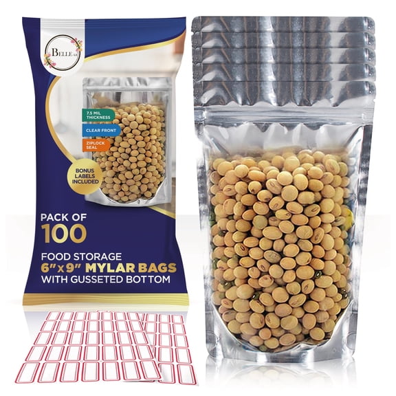 BELLE KR® 6x9 Mylar Bags Stand Up - Pack Of 100-7.5mil Thick - Clear Mylar Bags with See Through Window for Freeze Drying Food - Bonus Labels Included