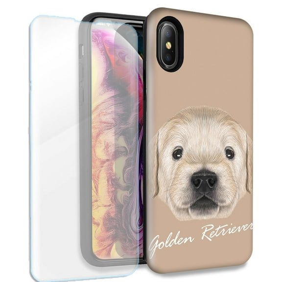 Mundaze Golden Retriever Puppy Double Layer Case w/Glass Screen Protector For Apple iPhone XR