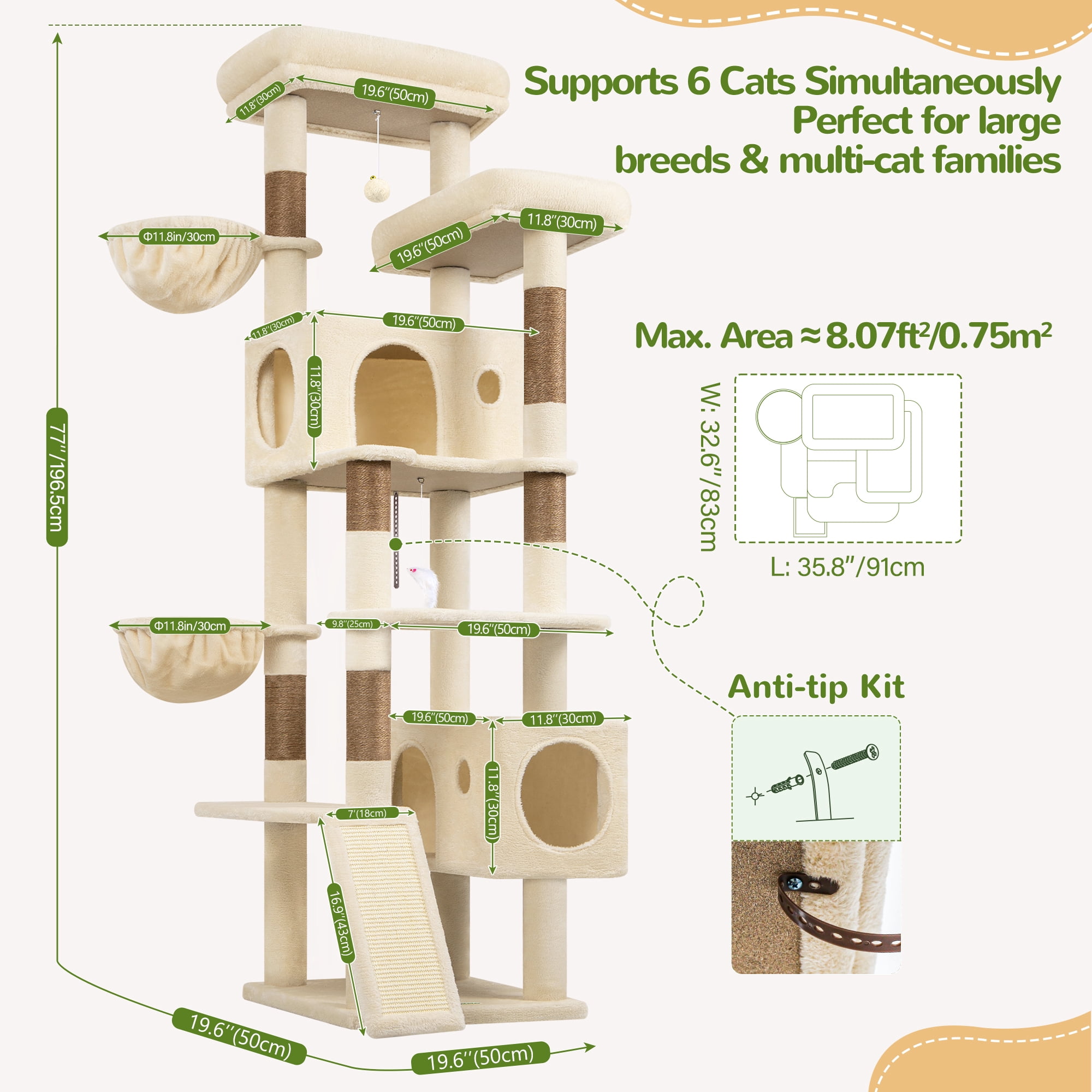 Globlazer 77" Large Cat Tree and Tower Condo for Indoor Cats with Sisal Scratching Posts, Condos, Hammock & Hammock, Beige