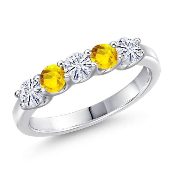 Gem Stone King 925 Sterling Silver White Moissanite and Yellow Sapphire Wedding-Bands Ring for Women | 0.80 Cttw | Round 3.5MM | Gemstone Birthstone | Size 8
