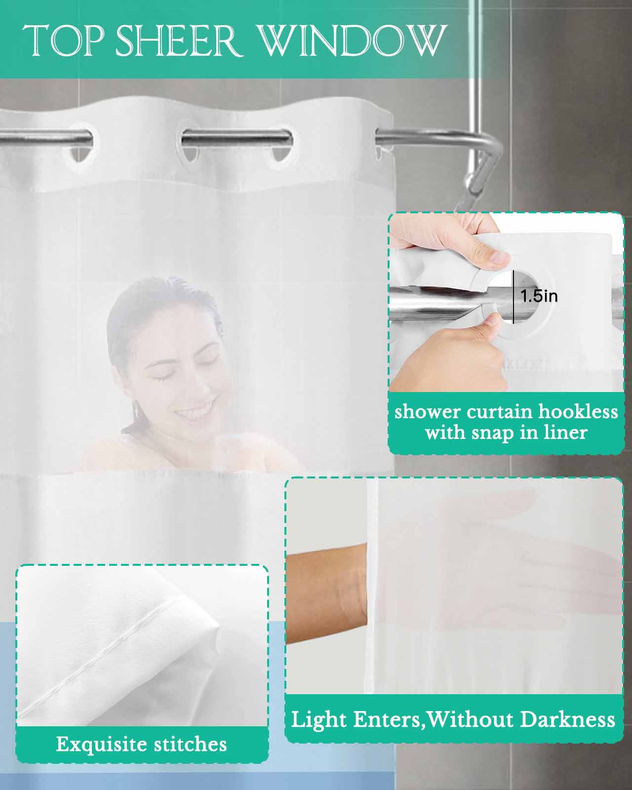 No Hook Shower Curtain with Snap in Liner, Navy Blue Striped Gradient Rustic Wood Board Hotel Shower Curtains for Bathroom, Washable Shower Curtain Liner Set with Mesh Top Window, 72”x78”