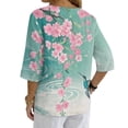 thumbnail image 2 of Xoenoiee Hummingbird Cherry Blossom Print Women's V-Neck Cotton Linen Shirt Top 3/4 Roll-Up Sleeve Summer Casual Loose Blouses Tunic Tops with Button, 3XL, 2 of 7