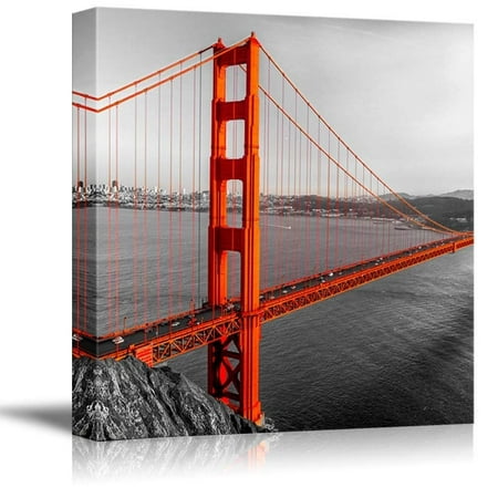 wall26 Black and White Photograph with Pop of Color on the Golden Gate Bridge - Canvas Art Home Decor - 24x24 (Best Golden Gate Bridge Photos)