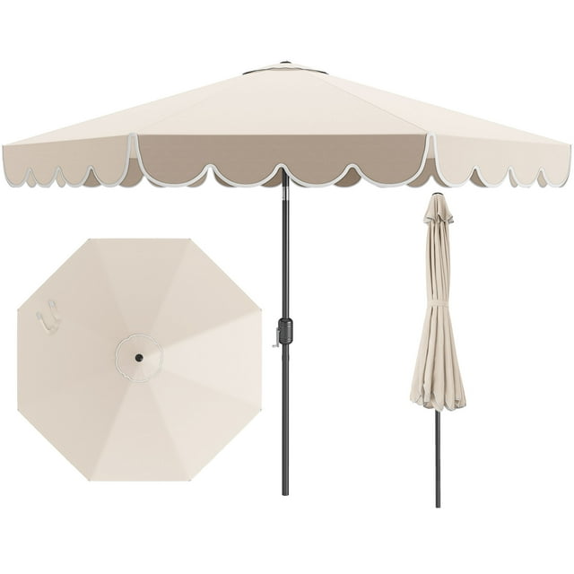 Costway Parasol de Patio 10 Pi avec Manivelle, Inclinaison Réglable, Volants, Toit Ventilé, 8 Baleines, Beige