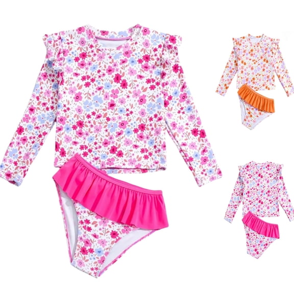 RTKFRFLM Girls Long Sleeve Bikini Swimsuit Set Cute Two Piece Swimwear for Toddler and Little Girls UV Protection Rash Guard Bathing Suit