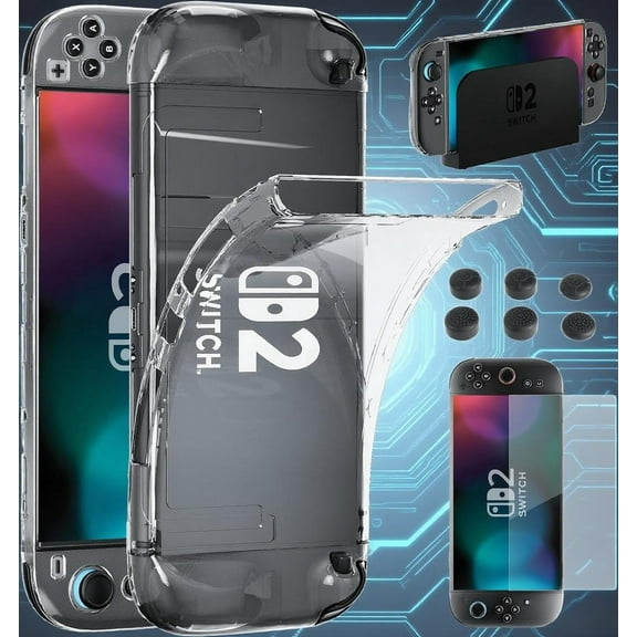 Switch 2 Case for Nintendo Switch 2, Dockable TPU Case Cover with Joy-Con Cover and 4K HD Screen Protector and 6 Thumb Grips, Shock Absorption and Anti-Scratch