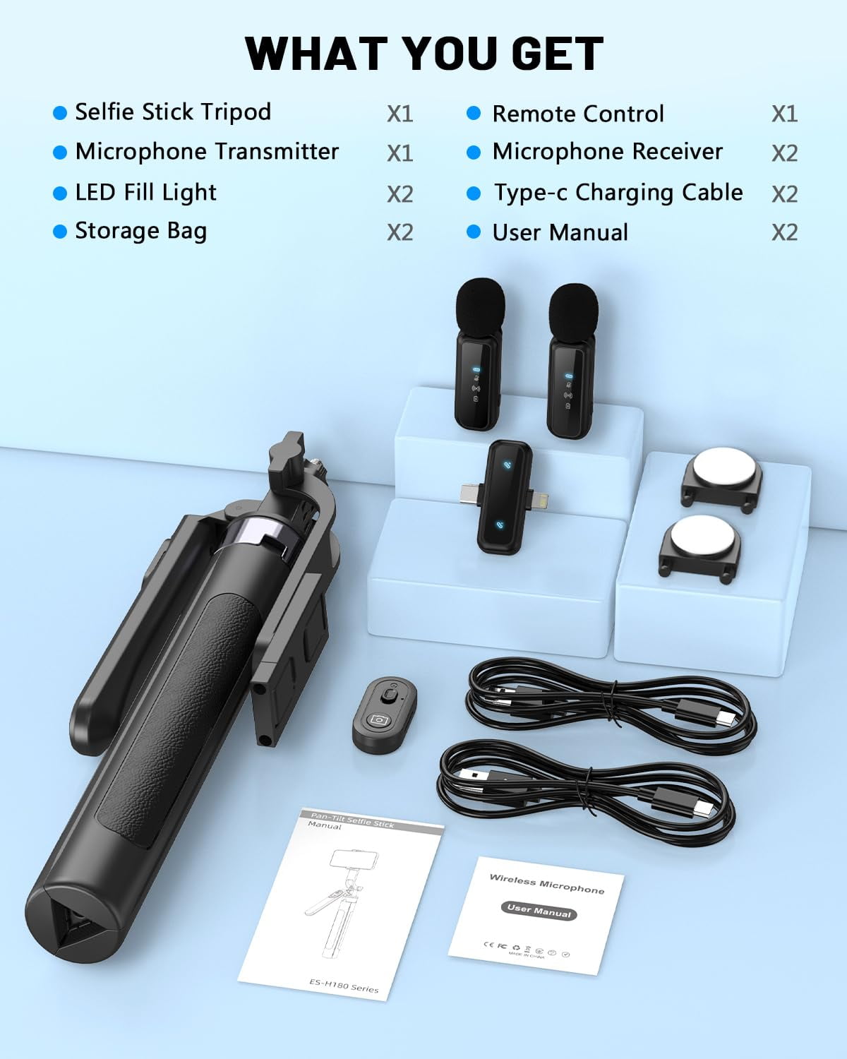 Content Creator Essentials Kit for iPhone/Android, 71" Adjustable Phone Tripod with Light, Wireless Remote & Microphone