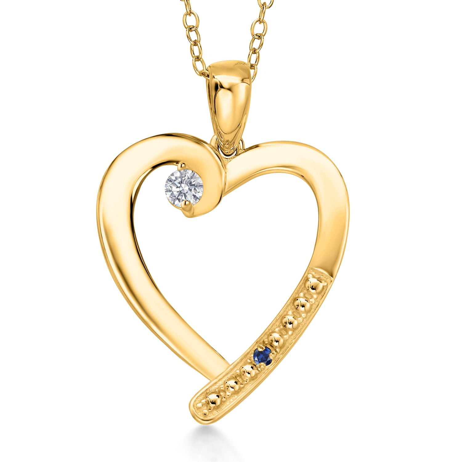 Gem Stone King 18K Yellow Gold Plated Silver Lab Grown Diamond and Blue Created Sapphire Heart Pendant Necklace for Women | 0.19 Cttw | Gemstone April Birthstone | Round 3.5MM | With 18 inch Chain