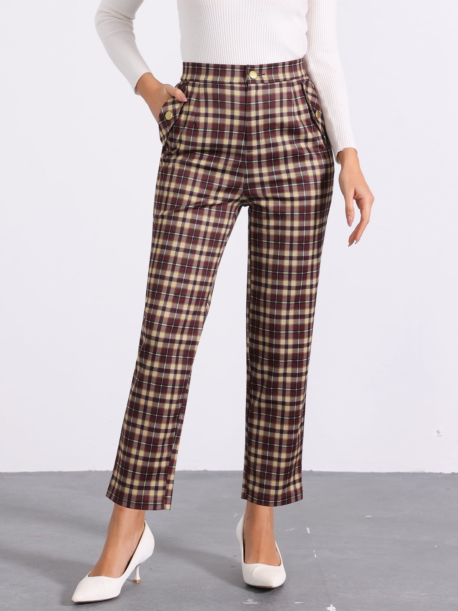DARING DIVA Women's Tartan Plaid Pants Elastic Waist Straight Trousers S Wine Red Yellow