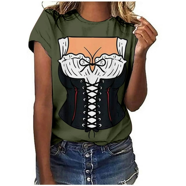Pompotops Blouse Décontractée Mode Femme Imprimé Oktoberfest Col Rond T-Shirt Blouse Imprimée Tee Liquidation