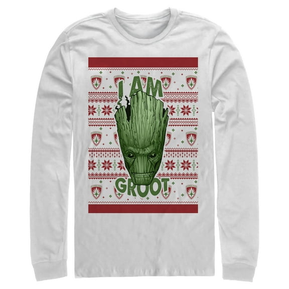 Men's Marvel Ugly Christmas Guardians of the Galaxy Groot Portrait  Long Sleeve Shirt White 2X Large