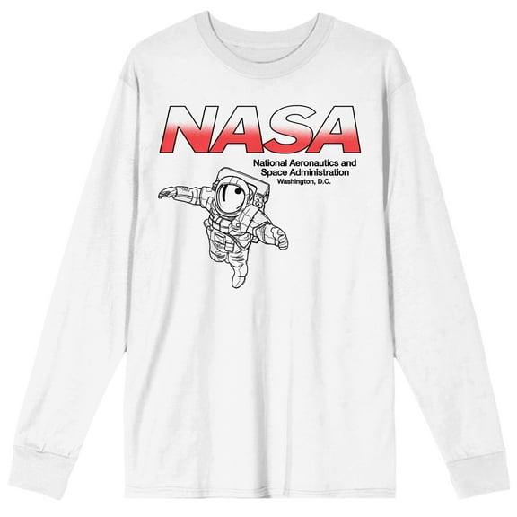 NASA Red and White Logo With Astronaut Men's White Crew Neck Long Sleeve Graphic Tee-Small