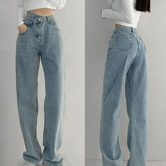 Women‘s Pull-on Boyfriend Jeans Baggy Cross Over Asymmetric Retro Jean High-waist Design Washed Straight Denim Pant Vintage 90s Streetwear