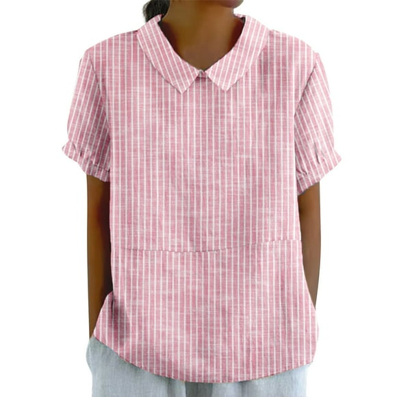 Hot Sale!Uooqdmx Button Down Shirts for Women, Women Plain Tshirt, Blouses for Women, Summer Tops Lapel Striped Back Loose Top Casual Shirt T Shirt, Short Sleeve Shirts for Women, Hot Pink XL