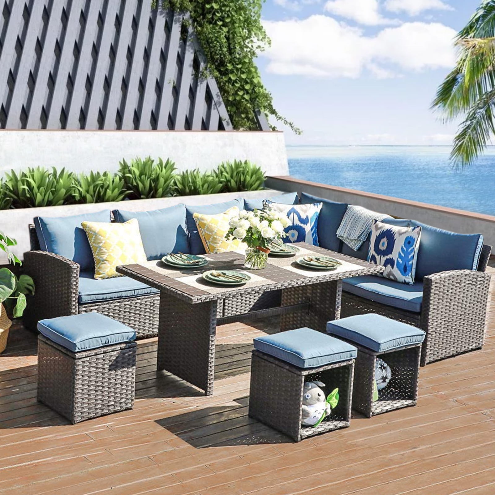 7 Piece Patio Furniture Set, All Weather Wicker Outdoor Sectional Sofa Conversation Set, Aegean