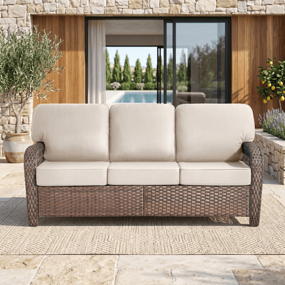 Outdoor Patio Sofa, 75" Wicker Patio Couch, Deep Seat Outdoor Couch with 5" Thick Cushions, All Weather PE Rattan Outdoor Sofa, Comfortable Patio Furniture for Backyard Porch Garden, Beige